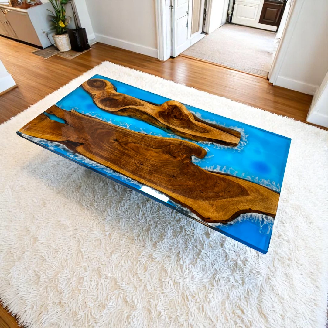 Dark Wood Dining Table with Epoxy Resin Finish – Handcrafted